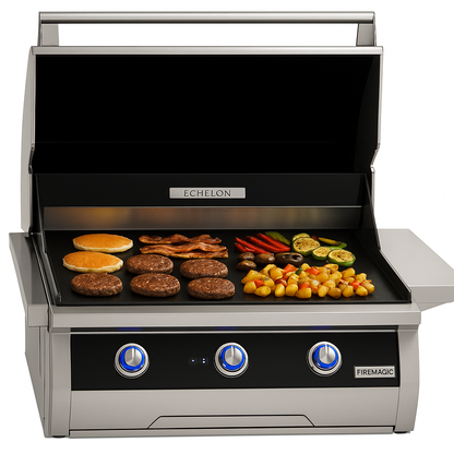 Fire Magic Echelon Diamond E660i Black Glass Freestanding Propane Gourmet Griddle w/ Stainless Steel Cover